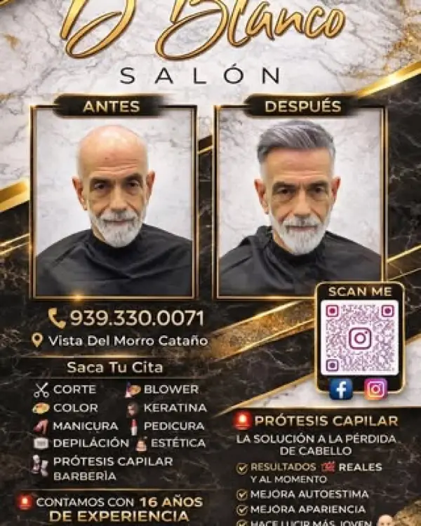 Photo by D’Blanco Salon on February 08, 2026. May be an image of one or more people, beard, hair, poster and text that says 'ANTES Olanco SALÓN N S A DESPUÉS SC